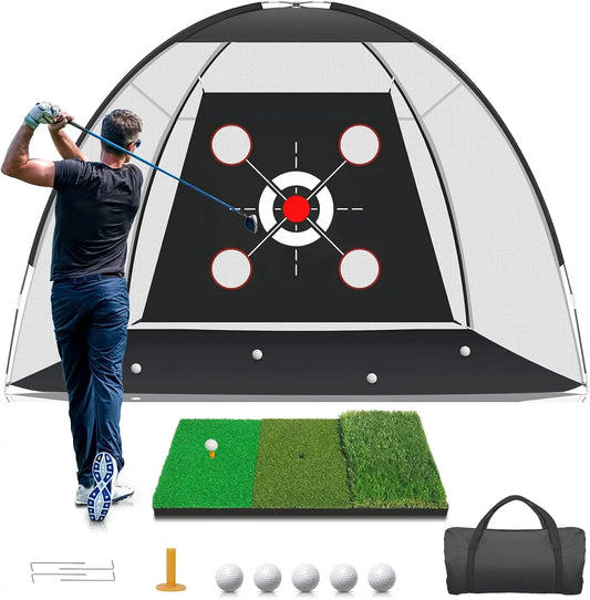 10x7FT Golf Net with Practice Mat and Target Balls for Backyard Driving Chipping Training Swing Aid